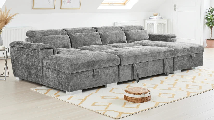 Alaya Large Grey U Shape Sofabed with Storage and Adjustable Headrests
