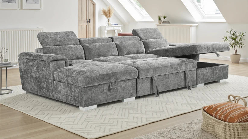 Alaya Large Grey U Shape Sofabed with Storage and Adjustable Headrests