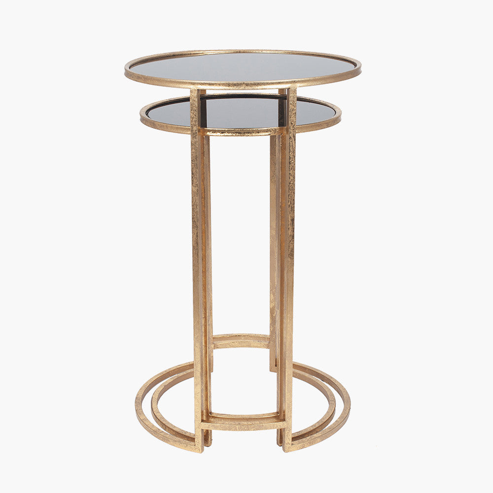 S/2 Antique Gold Metal and Black Glass Side Tables