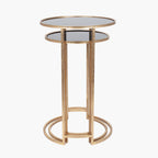 S/2 Antique Gold Metal and Black Glass Side Tables