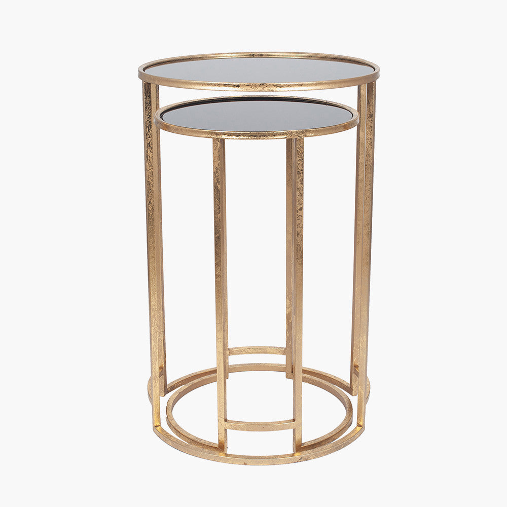 S/2 Antique Gold Metal and Black Glass Side Tables