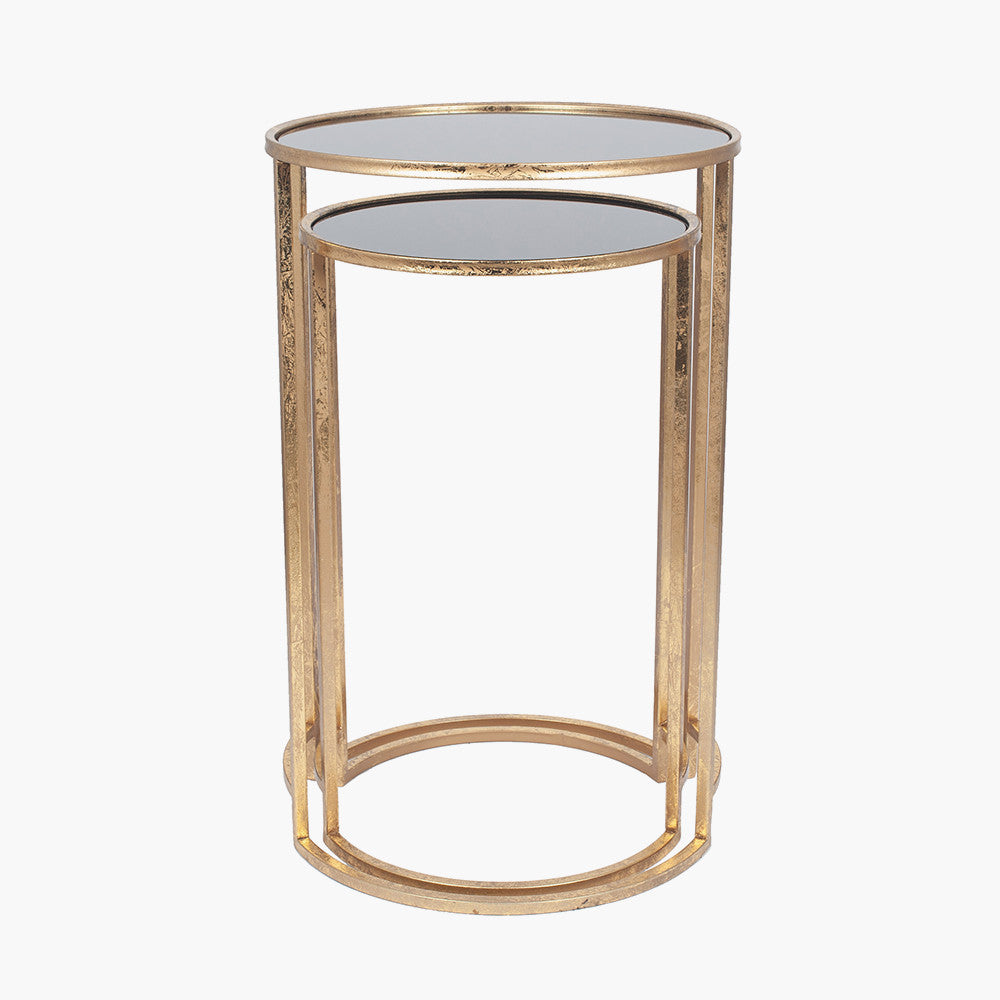 S/2 Antique Gold Metal and Black Glass Side Tables