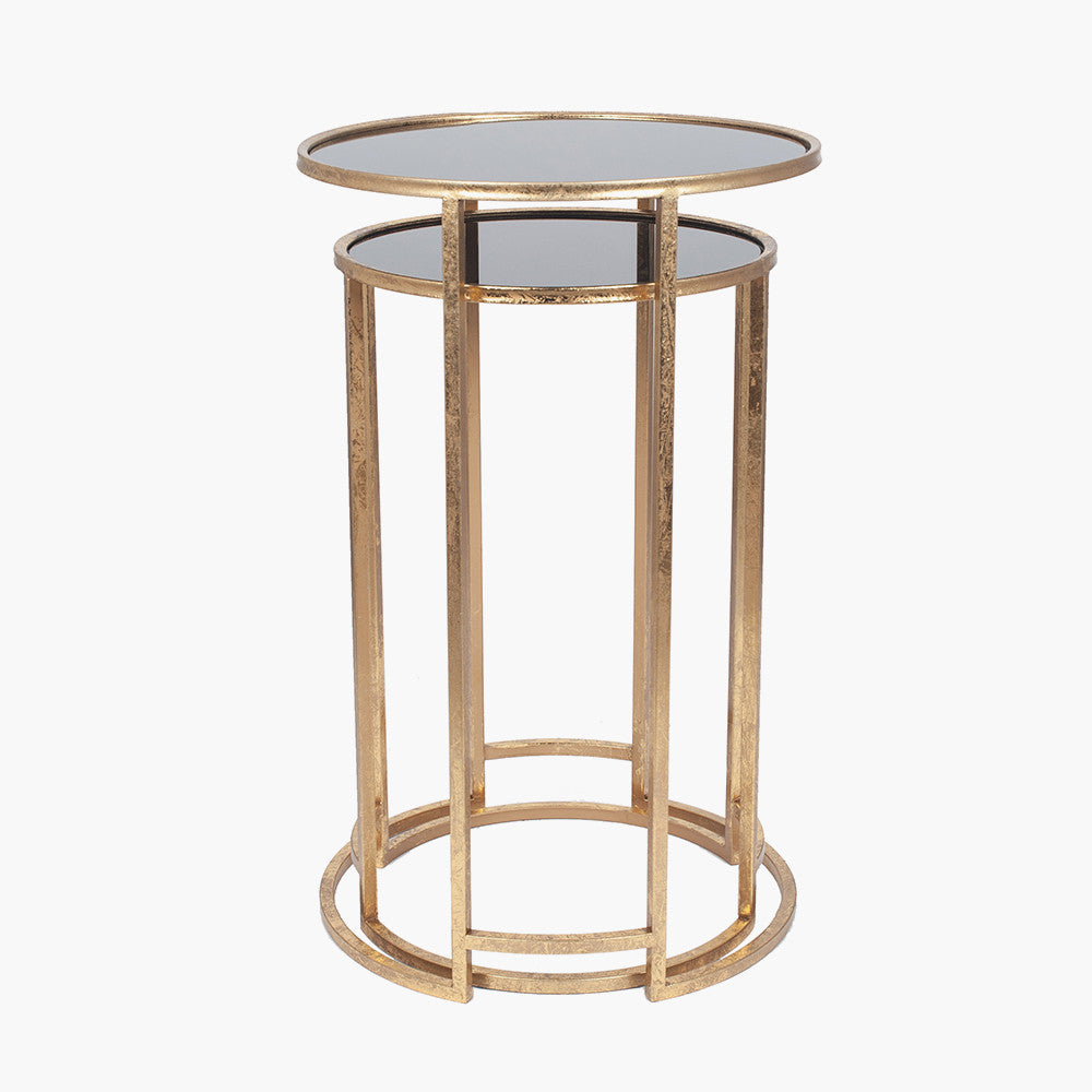 S/2 Antique Gold Metal and Black Glass Side Tables