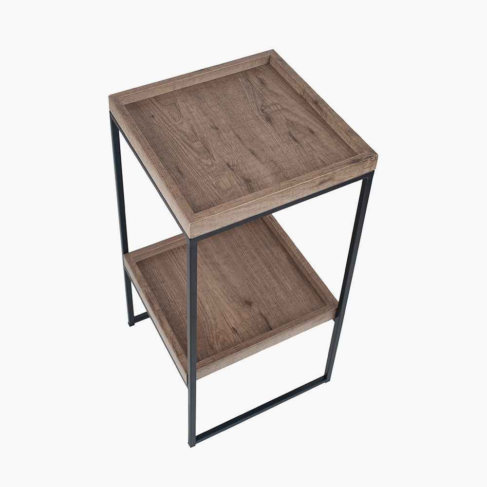 Natural Wood Veneer and Black Metal Side Table