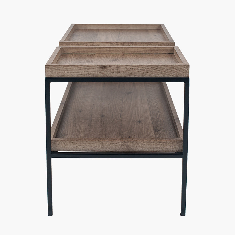 Natural Wood Veneer and Black Metal Coffee Table
