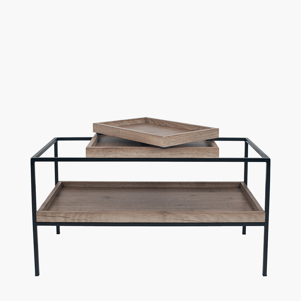 Natural Wood Veneer and Black Metal Coffee Table