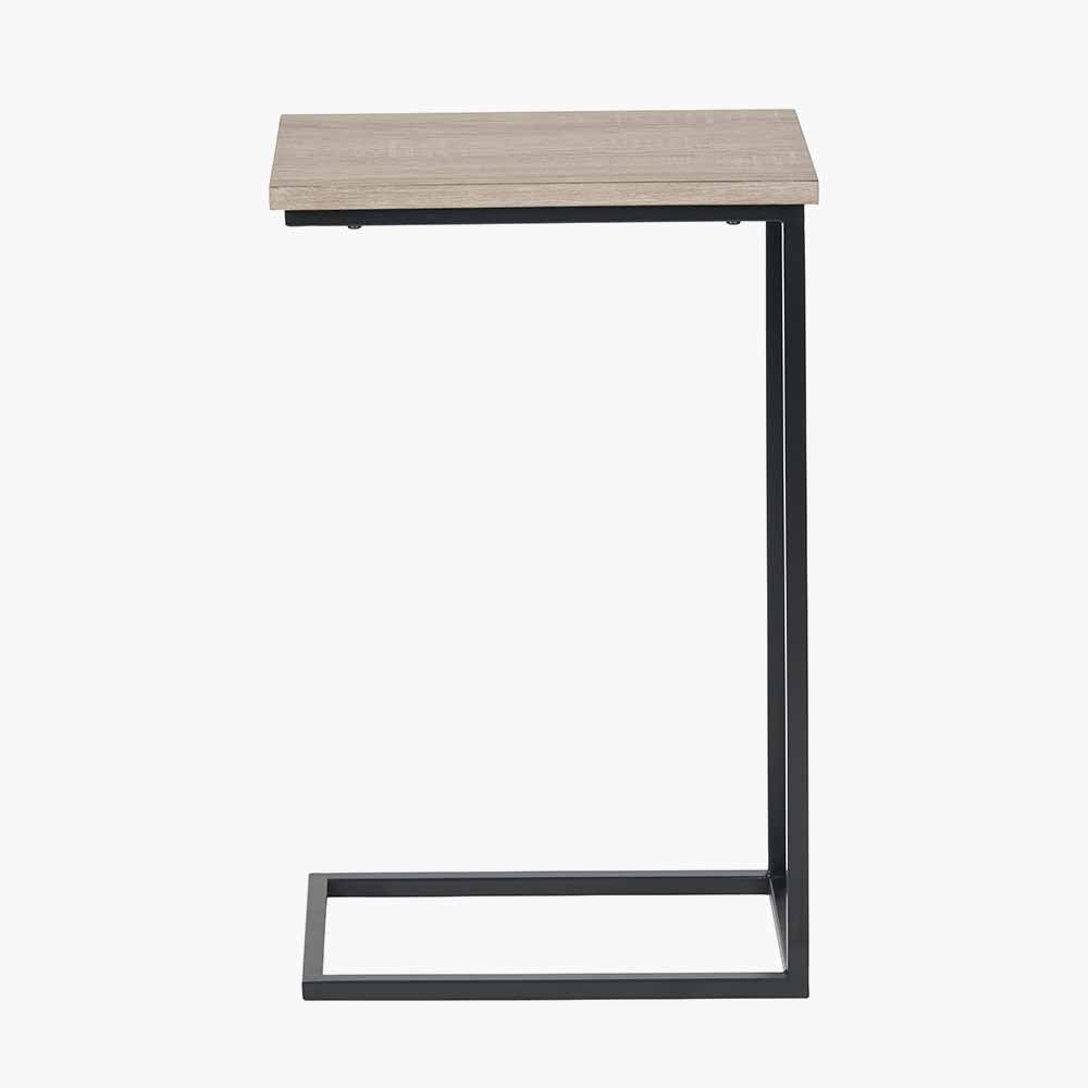 Natural Wood Veneer and Black Metal Supper Side Table