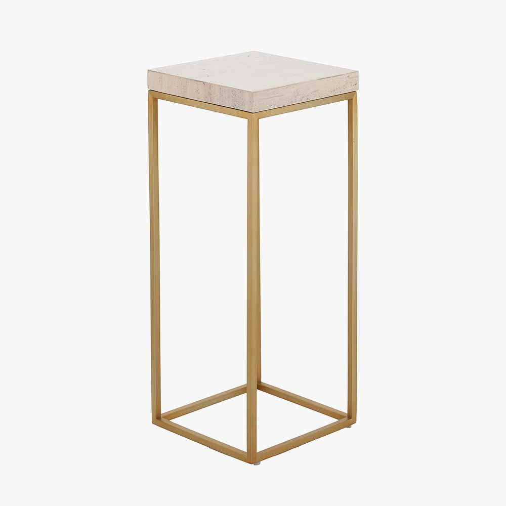 Beige Granite and Burnished Gold Metal Tall Square Side Table