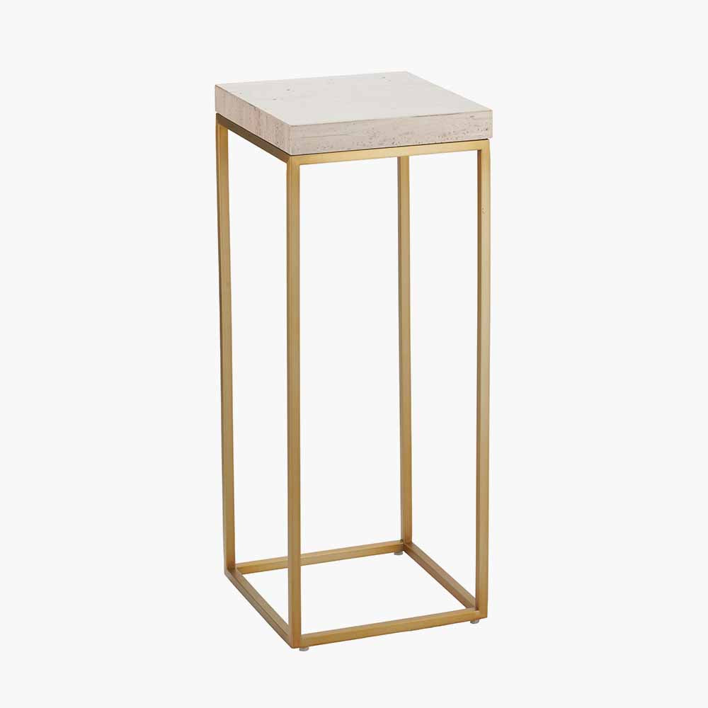 Beige Granite and Burnished Gold Metal Tall Square Side Table