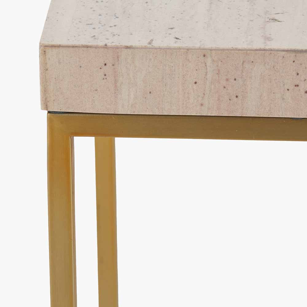 Beige Granite and Burnished Gold Metal Tall Square Side Table