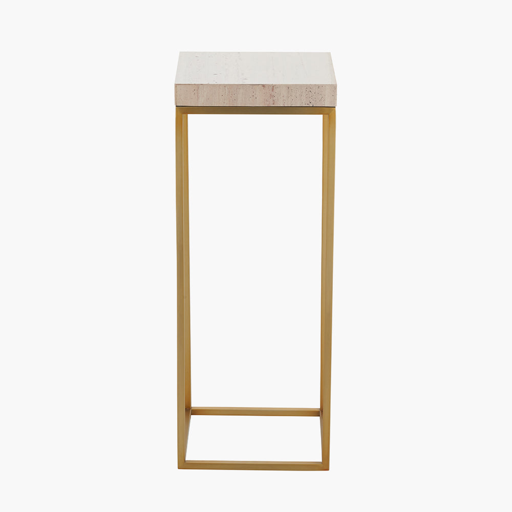 Beige Granite and Burnished Gold Metal Tall Square Side Table