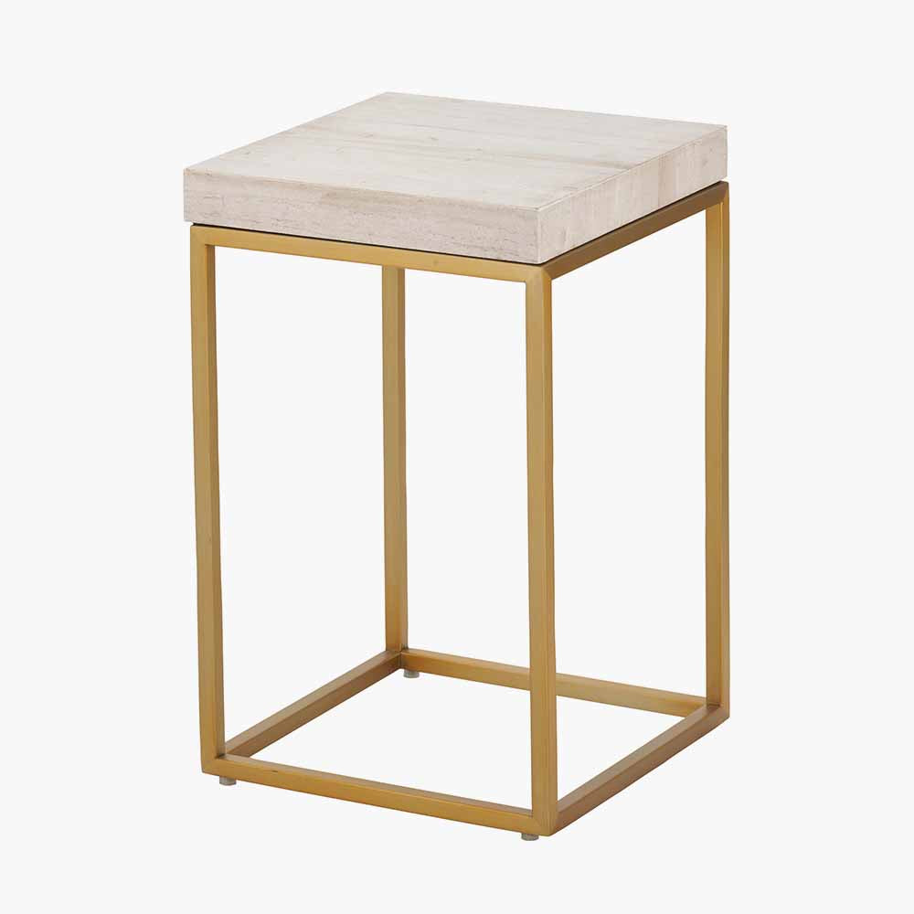 Beige Granite and Burnished Gold Metal Square Side Table
