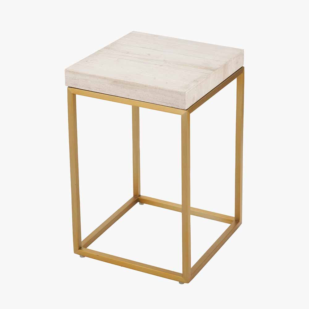 Beige Granite and Burnished Gold Metal Square Side Table