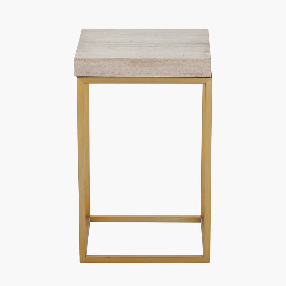 Beige Granite and Burnished Gold Metal Square Side Table