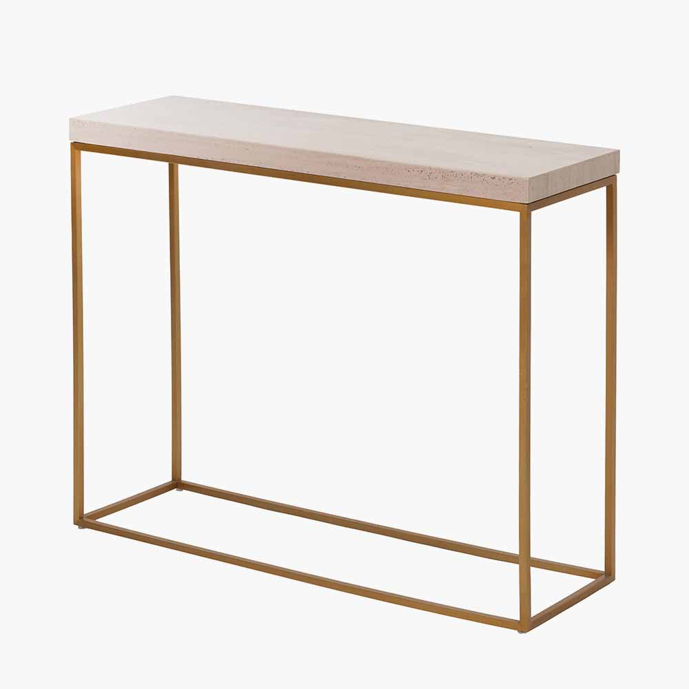 Beige Granite and Burnished Gold Metal Console Table