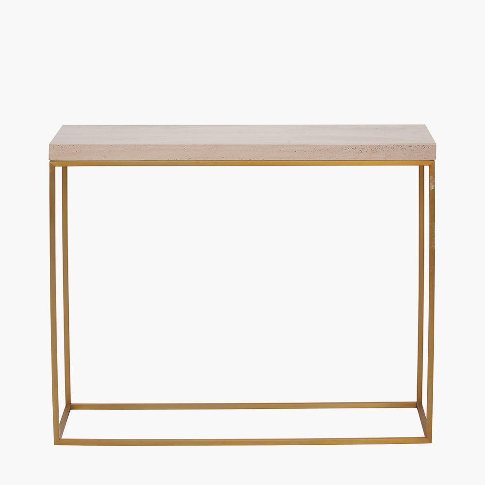 Beige Granite and Burnished Gold Metal Console Table