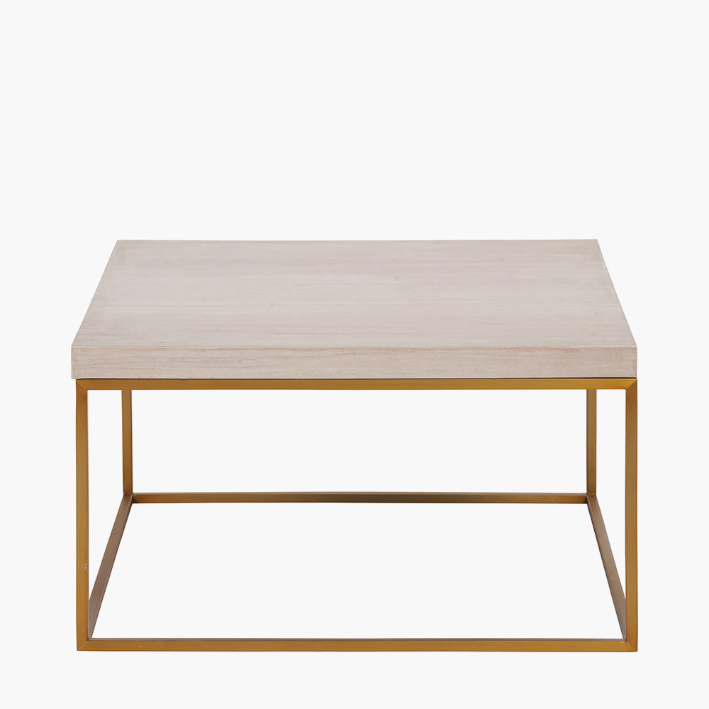 Beige Granite and Burnished Gold Metal Square Coffee Table