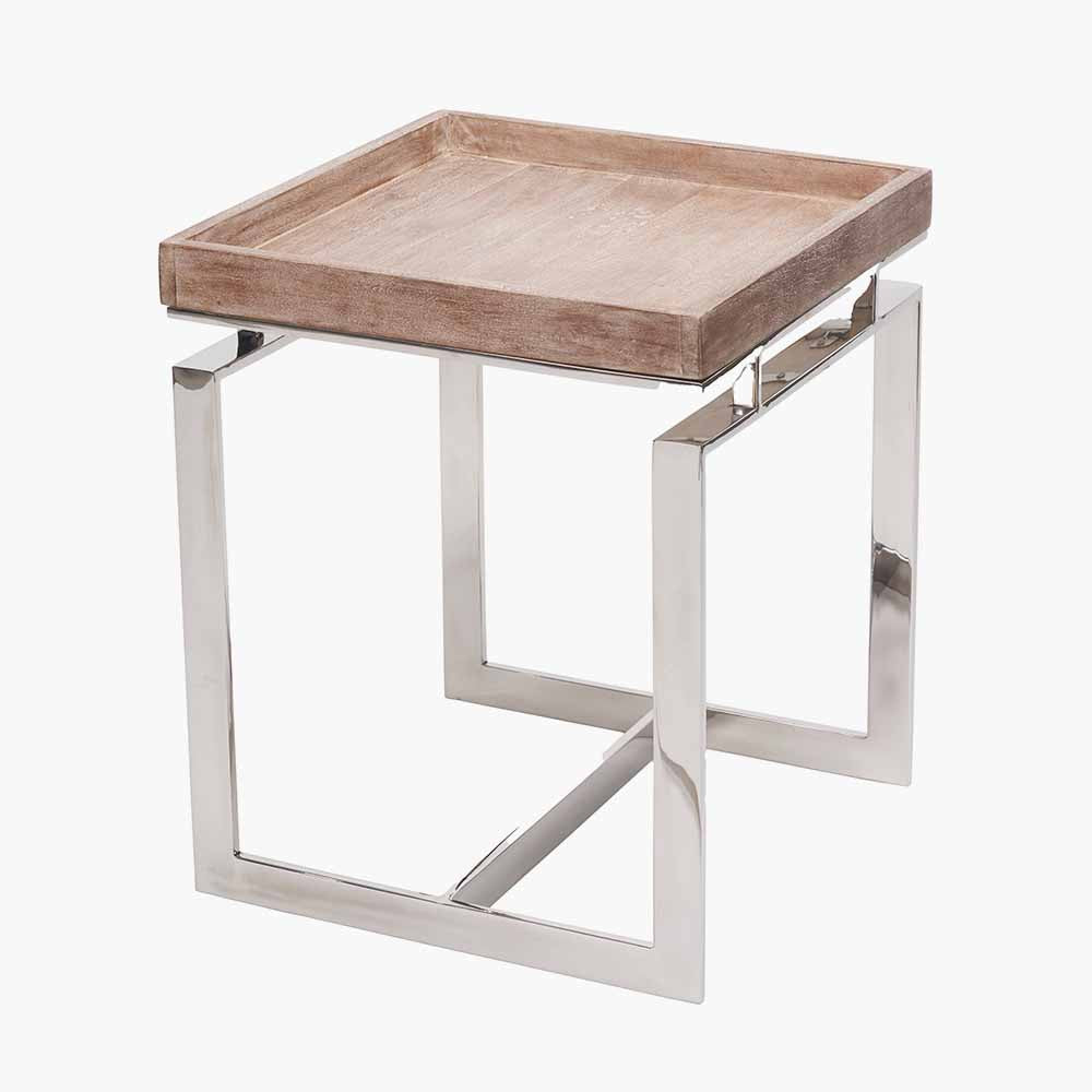 Natural Antique Finish Mango Wood and Silver Metal Side Table