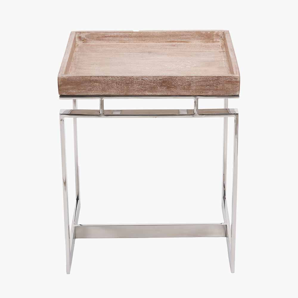 Natural Antique Finish Mango Wood and Silver Metal Side Table