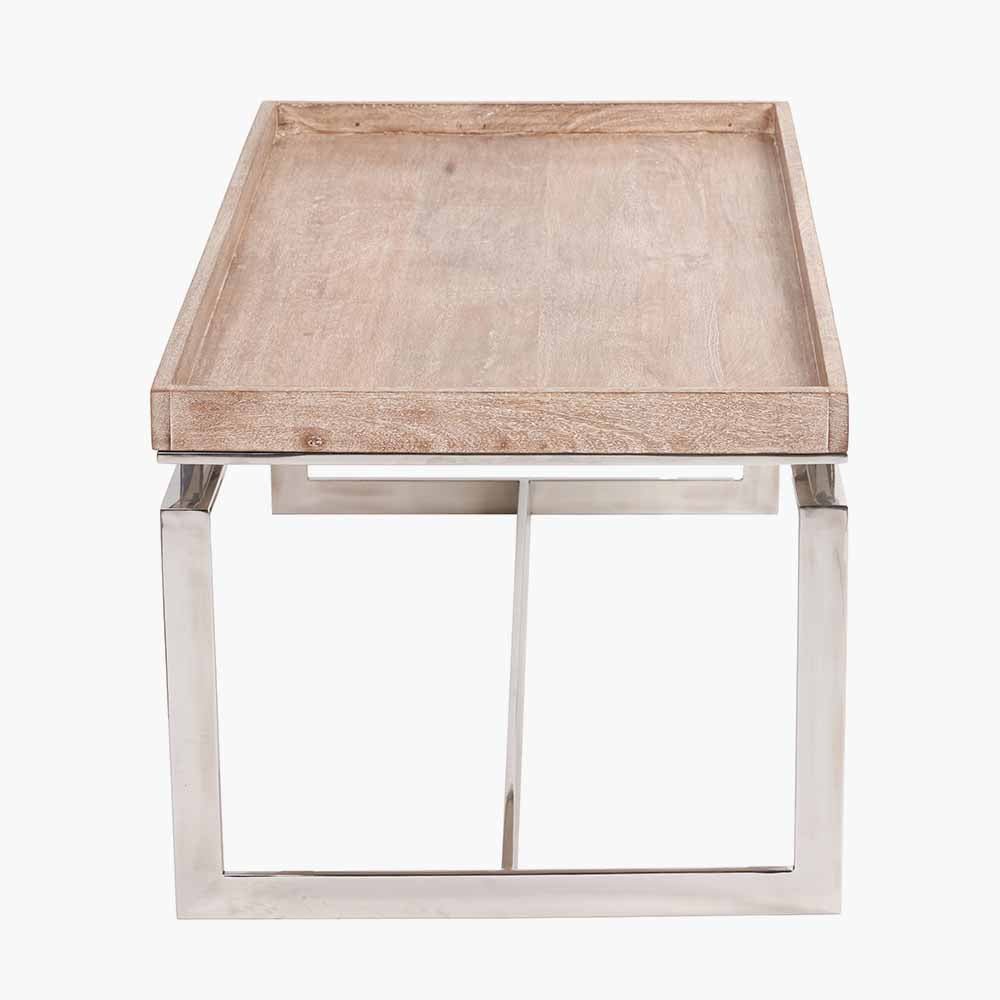 Natural Antique Finish Mango Wood and Silver Metal Coffee Table