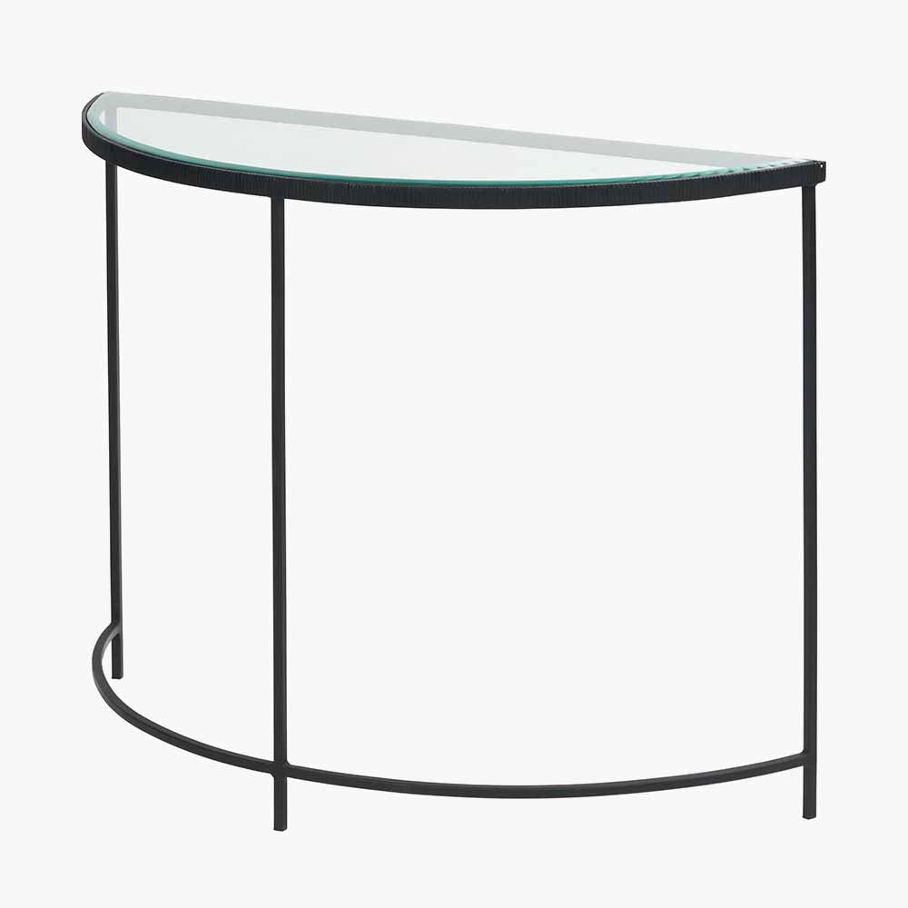 Bevelled Glass and Black Metal Half Moon Console Table