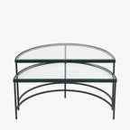 S/2 Bevelled Glass and Black Metal Half Moon Coffee Tables