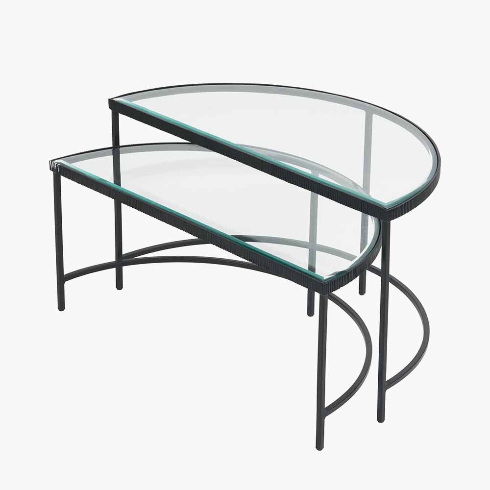 S/2 Bevelled Glass and Black Metal Half Moon Coffee Tables