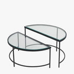 S/2 Bevelled Glass and Black Metal Half Moon Coffee Tables