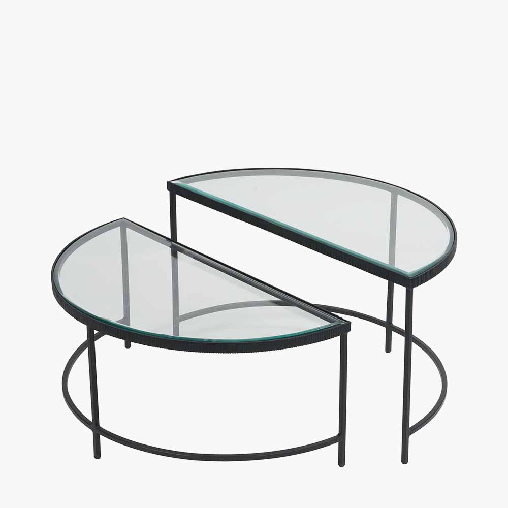 S/2 Bevelled Glass and Black Metal Half Moon Coffee Tables
