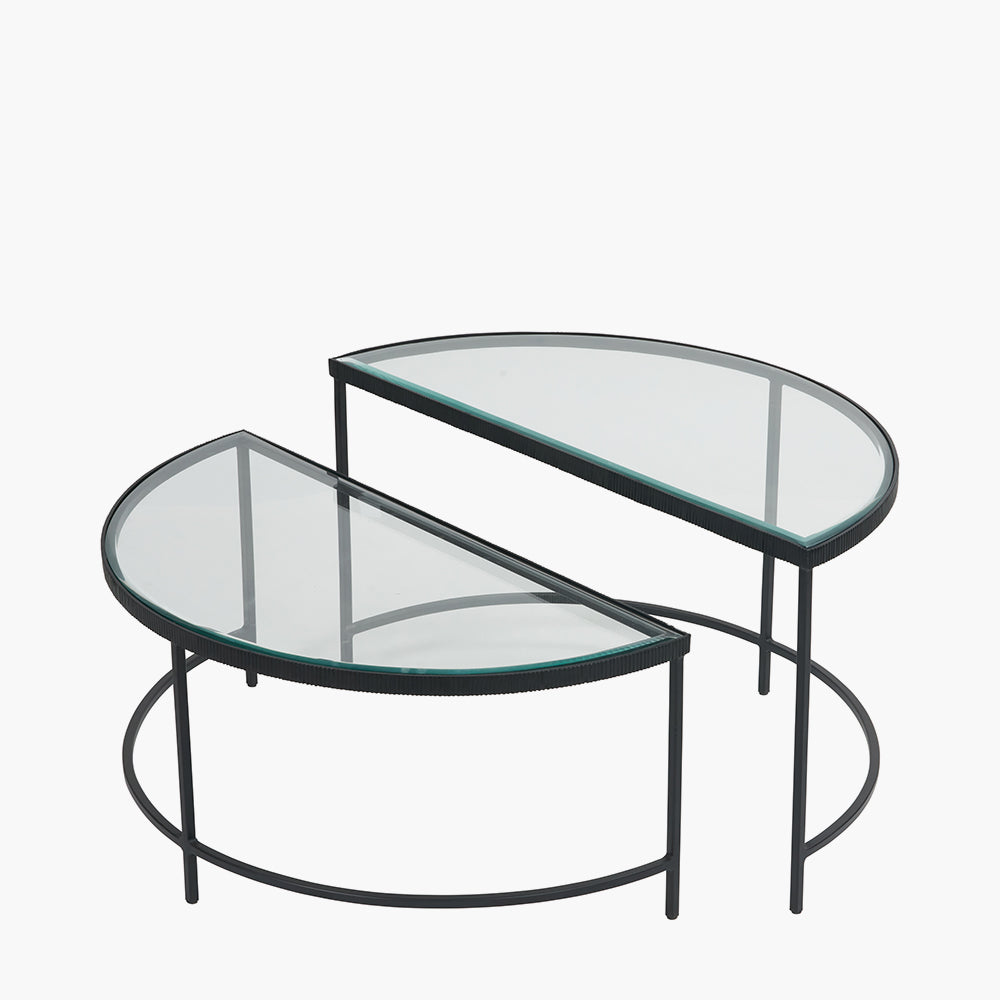 S/2 Bevelled Glass and Black Metal Half Moon Coffee Tables