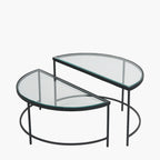 S/2 Bevelled Glass and Black Metal Half Moon Coffee Tables
