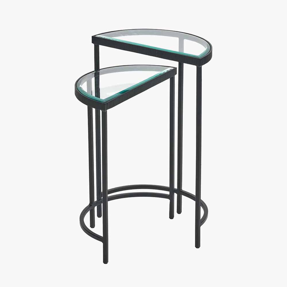 S/2 Bevelled Glass and Black Metal Half Moon Side Tables