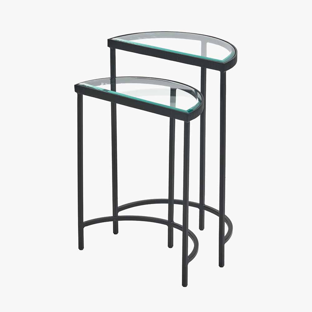 S/2 Bevelled Glass and Black Metal Half Moon Side Tables
