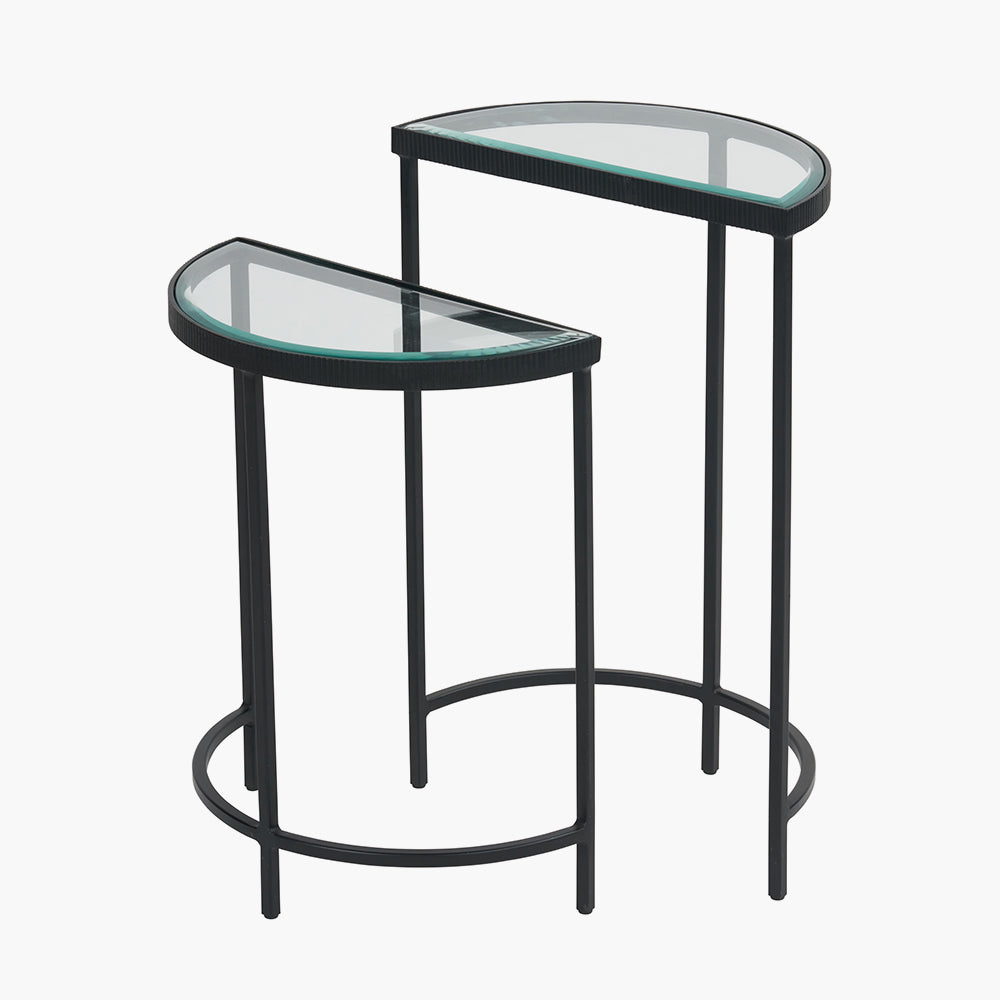 S/2 Bevelled Glass and Black Metal Half Moon Side Tables