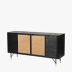 Black Acacia Wood and Natural Rattan 4 Door Sideboard
