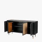 Black Acacia Wood and Natural Rattan 4 Door Sideboard