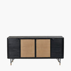 Black Acacia Wood and Natural Rattan 4 Door Sideboard