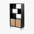Black Acacia Wood and Natural Rattan 2 Door 6 Niche Shelf Unit