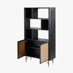 Black Acacia Wood and Natural Rattan 2 Door 6 Niche Shelf Unit