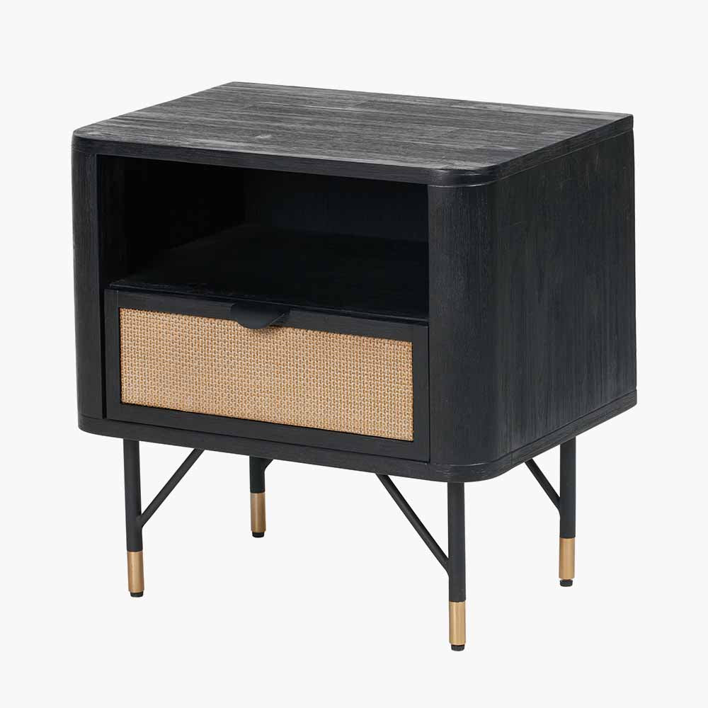 Fiji Black Acacia Wood and Natural Rattan 1 Drawer 1 Shelf Unit