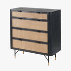 Black Acacia Wood and Natural Rattan 4 Drawer Unit