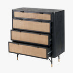 Black Acacia Wood and Natural Rattan 4 Drawer Unit