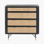 Black Acacia Wood and Natural Rattan 4 Drawer Unit
