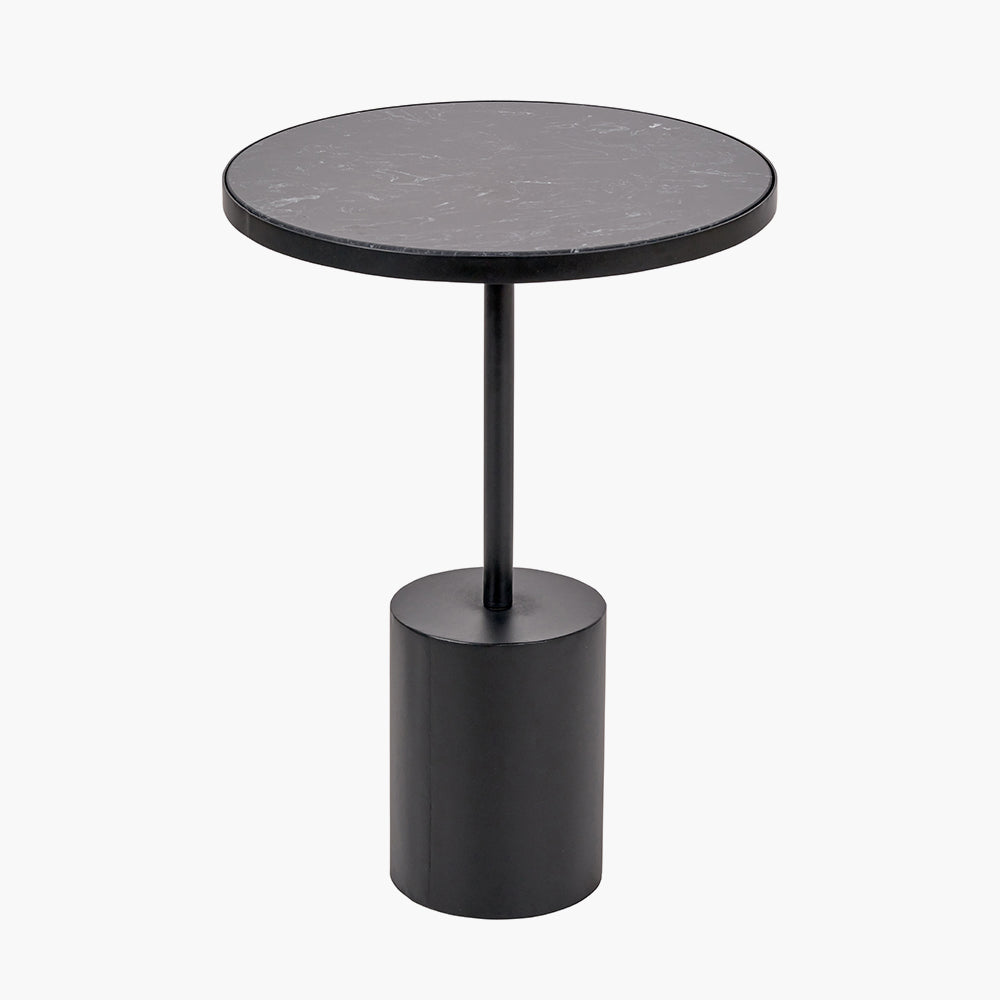 Black Marble and Black Metal Cylinder Base Side Table