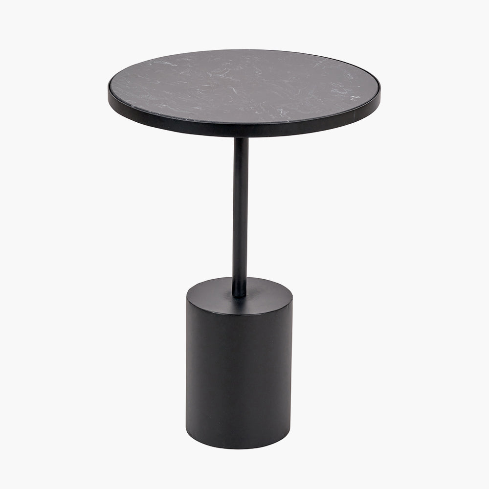 Black Marble and Black Metal Cylinder Base Side Table