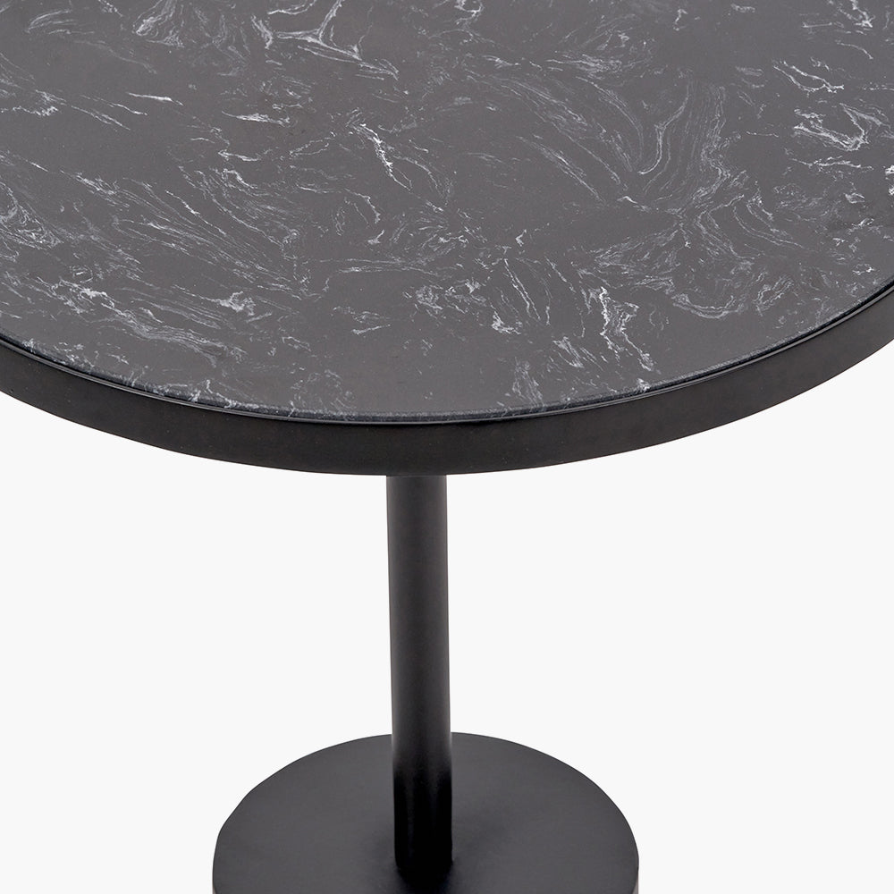 Black Marble and Black Metal Cylinder Base Side Table