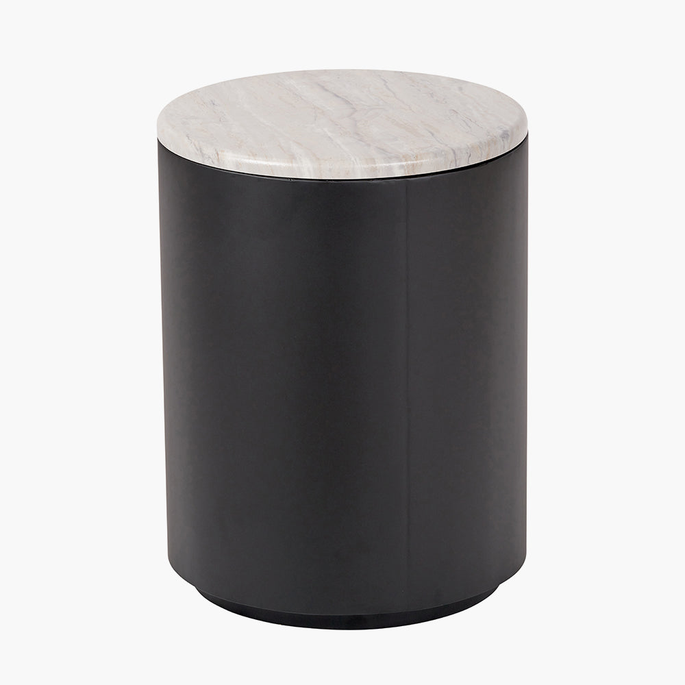 White Marble Effect and Black Metal Storage Side Table