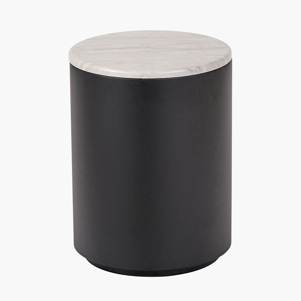 White Marble Effect and Black Metal Storage Side Table