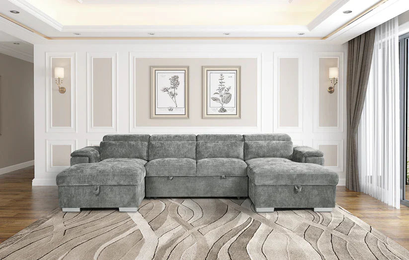 Alaya Large Grey U Shape Sofabed with Storage and Adjustable Headrests