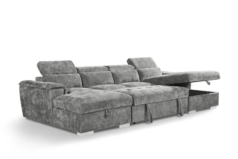 Alaya Large Grey U Shape Sofabed with Storage and Adjustable Headrests